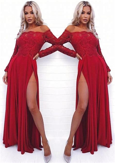 A Line Off The Shoulder Long Sleeves Dark Red Prom Dress With Lace