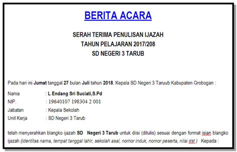 Contoh atau selamat bertugas kembali bagi bapak kepala sd yang akan demisioner. Download FORMAT BERITA ACARA SERAH TERIMA IJAZAH - BERKAS ...
