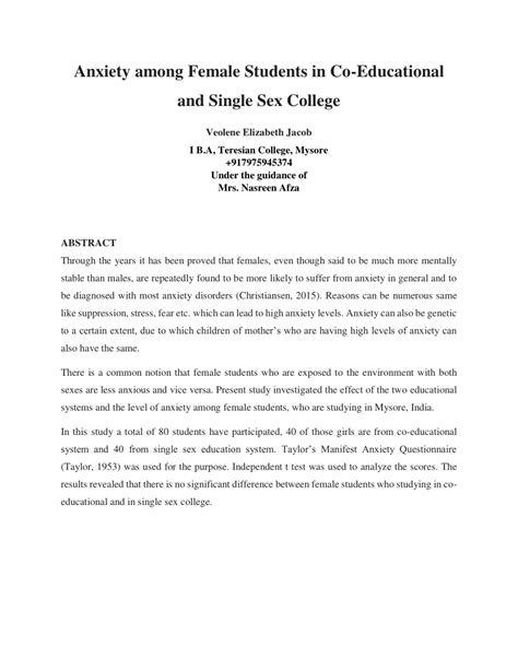 Pdf Anxiety Among Female Students In Co Educational And Single Sex
