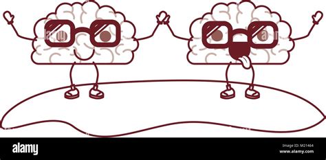 Cartoon Brains Couple And Both With Glasses And Holding Hands With Calm