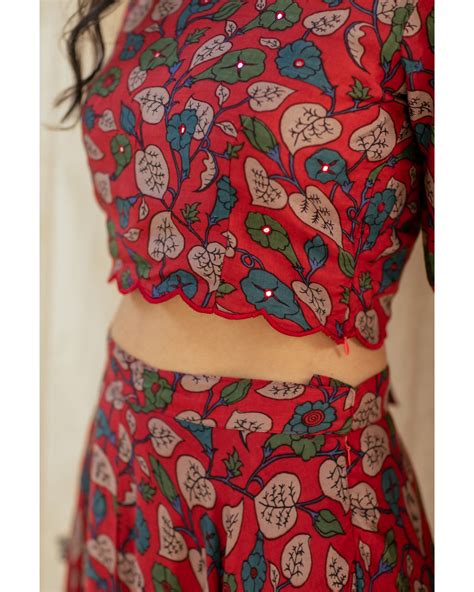 Red Floral Kalamkari Top With Ruffled Skirt Set Of Two By Athira