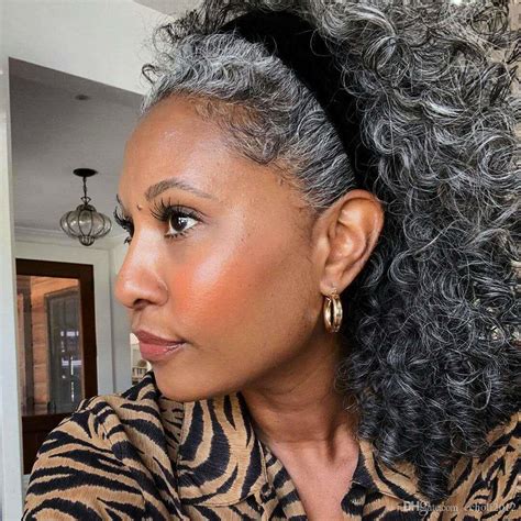 Fashion Beauty African American Human Hair Ponytail Silver Grey Pony Tail Extension Hairpiece