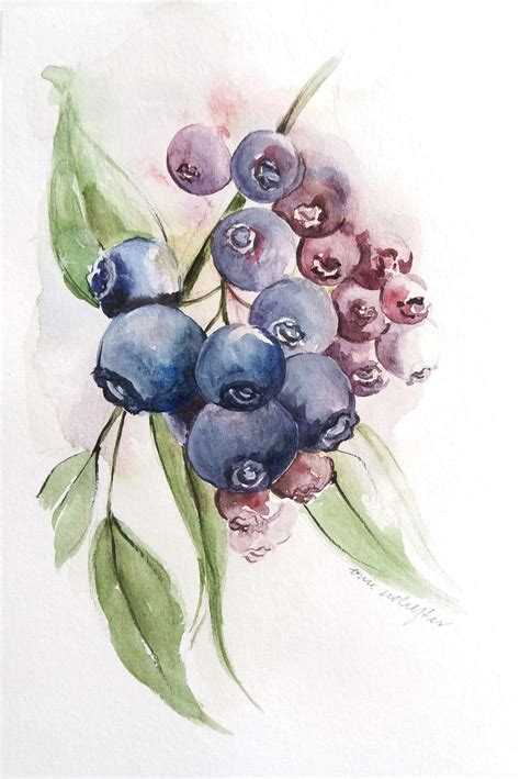 Blueberries Original Watercolor Painting Fruit Painting Etsy