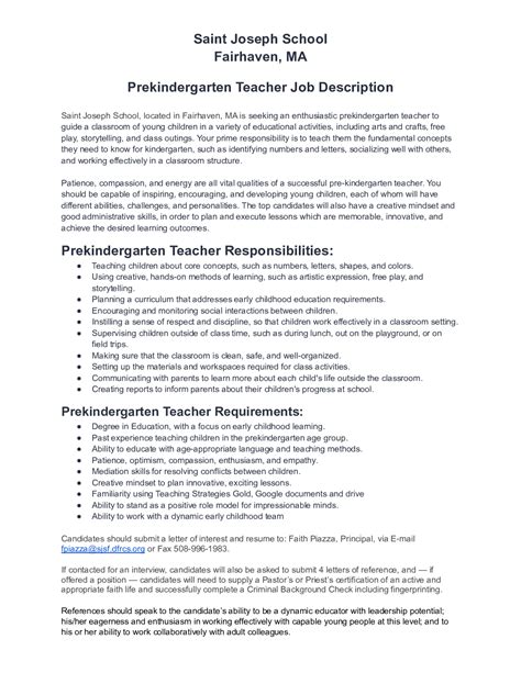 Pre K Teacher Job Description Template 2 Cs Alliance