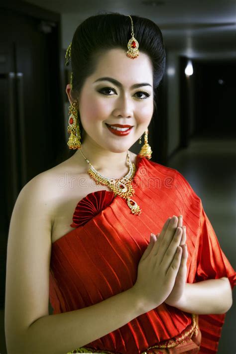 Thai Chinese Lady In Red Dress Greeting Welcome Stock Photo - Image of ...