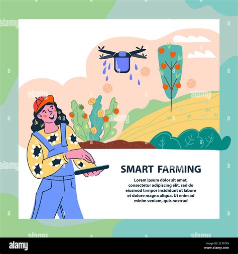 Smart Farming Banner Template With Woman Farmer Holding Controller And