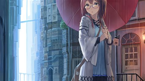 2560x1440 Anime Girl Yellow Eyes Rain Umbrella 4k 1440p