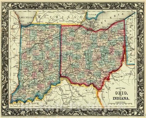 Historic Map 1861 County Map Of Ohio And Indiana Vintage Wall Art
