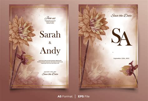 Watercolor Wedding Invitation Template With Brown Flower Ornament