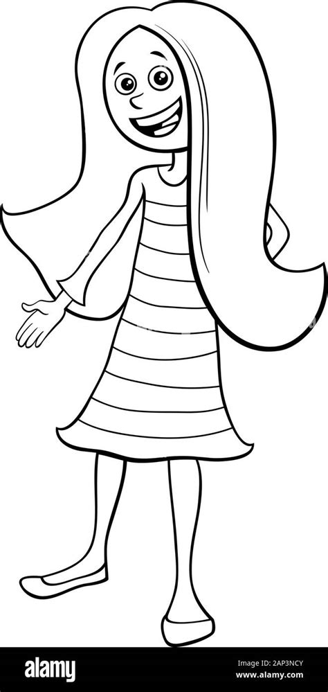 Schwarz Weißes Cartoon Illustration Von Pretty Elementary Oder Teen Age Girl Comic Character