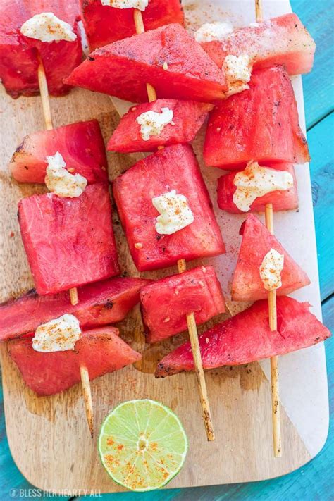 Grilled Watermelon Kabob Skewers With Cayenne And Honey Goat Cheese