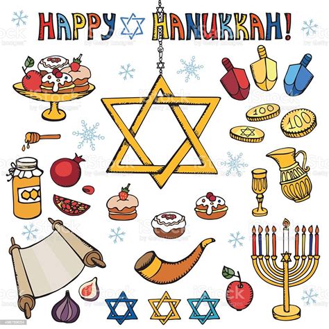 Hanukkah Symbolsdoodle Colored Jewish Holiday Set Stock Illustration