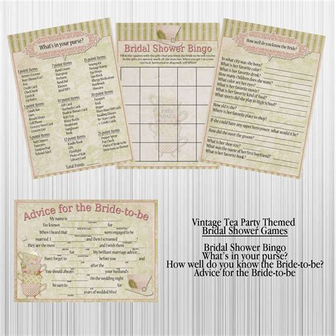 Vintage Tea Party Bridal Shower Games 4 Game Cards Per Set