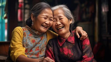 Premium Ai Image Asian Mature Two Women Hugging Smiley