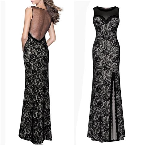 2019 Gothic Black Sexy Lace Maxi Dress Women Mesh Sleeveless Split