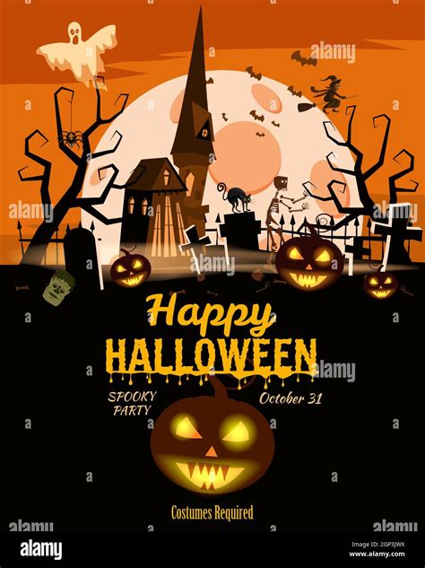 Happy Halloween Poster Scary Smiles Pumpkins Night Cemetery Haunted