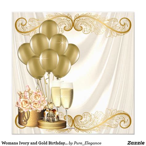 A Womans Birthday Card With Gold Balloons And Champagne Glasses