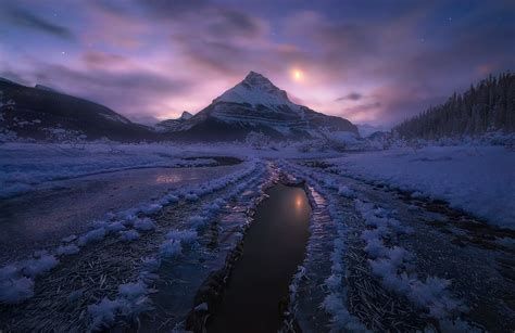 Canada Alberta Jasper National Park Winter Snow Mountains Night Moonlight Wallpapers Hd