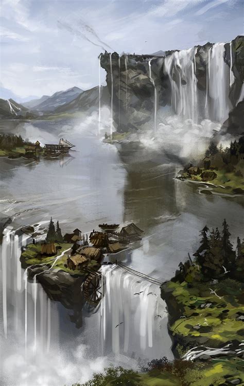 Waterfall Village Jordy Lakiere Fantasy Art Landscapes Fantasy