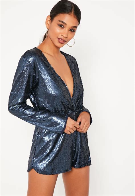 Navy Sequin Wrap Long Sleeve Playsuit Missguided Long Sleeve