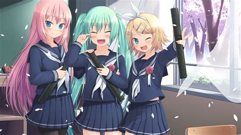 Three Female Anime Characters In Blue School Uniforms Hd Wallpaper
