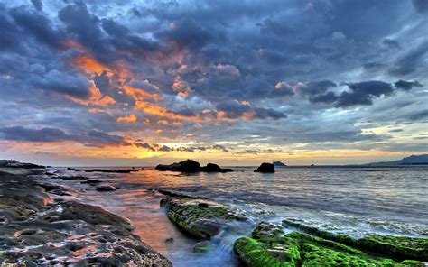 1080817 Landscape Sunset Sea Bay Rock Shore Sky Clouds Beach