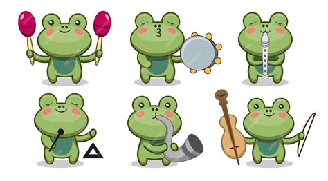 Free Vector Set Of Cute Frog In Cartoon Characters Playing On Various