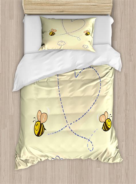 Honey Bee Duvet Cover Set Buzzing Flies Forming A Heart Drawn By Hand