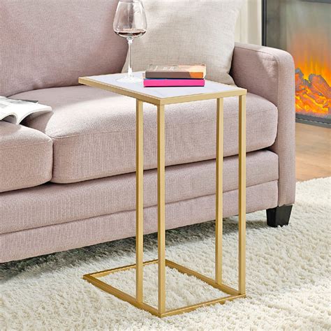 Narrow End Table C Shaped Sofa Side Table W Solid Wood Top And Metal