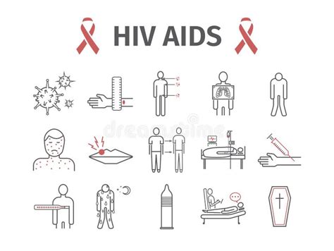 Hiv Aids Symptoms Treatment Line Icons Set Vector Illustration Stock Vector Illustration Of