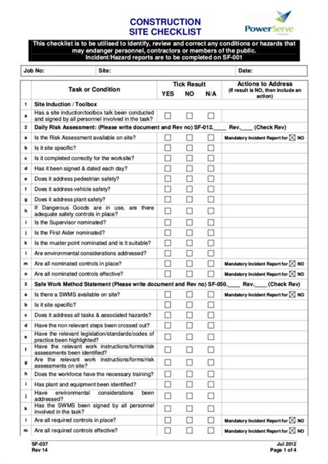 construction checklist template free