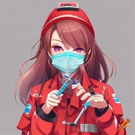 Anime Girl In Paramedic Outfit With Face Mask Holding A Red Syringe On