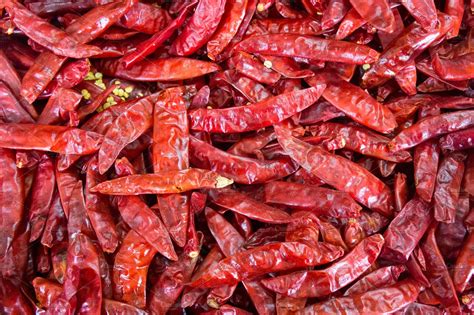 Lot Of Dried Hot Red Chili Pepper At Vegetable Stall High Quality Food Images ~ Creative Market
