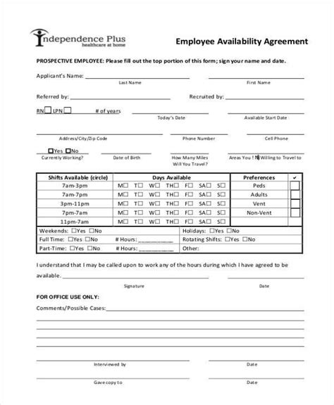 Printable Employee Availability Form