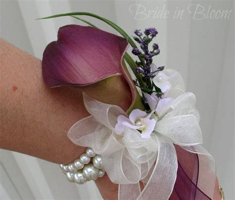 Plum Calla Lily Wrist Corsage Boutonniere Set Purple Ivory Real Touch