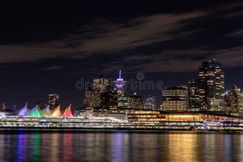 Vancouver Skyline At Night Long Exposure Photo Of City Downtown Stock