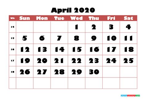 Free Printable Calendar April 2020 Pdf Word Nom20b724