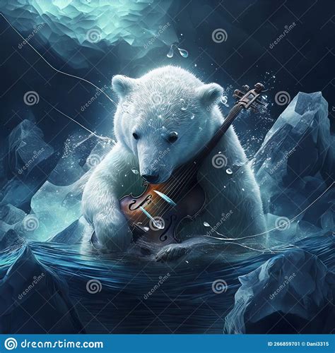 fantasy art background with a polar bear playing a violin in the water inside an ice cave stock