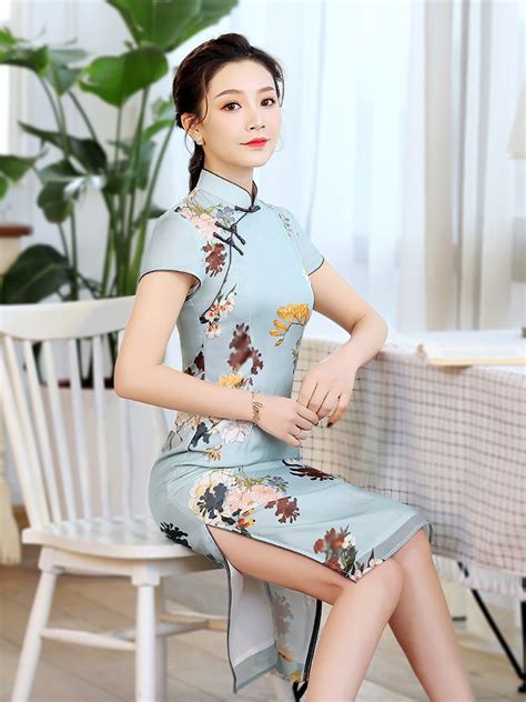 Captivating Floral Print Chiffon Dress Cheongsam Qipao Qipao