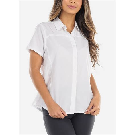Moda Xpress Womens Short Sleeve Shirt Button Up Shirt Collar White Top 10885e