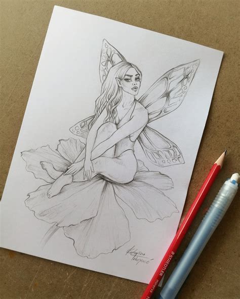 Fairy Sitting On Flower Illustration Print Simple Graphite Pencil