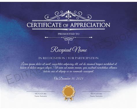 Certificate Of Appreciation Editable Printable Certificate Etsy