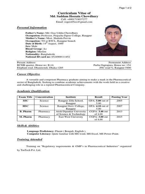 Standard curriculum vitae/resume format for experience candidates. CV of Saddam | Bangladesh | Pharmacy
