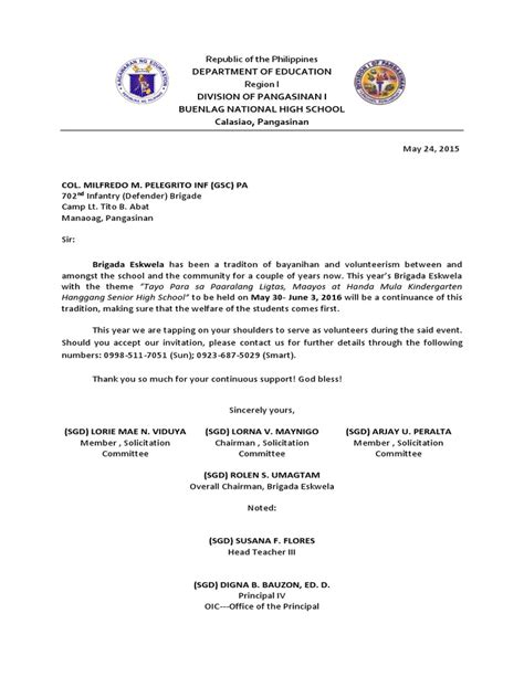 Letter Of Request To The Afp For Brigada Eskwela