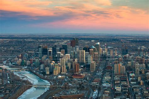 Aerial Photo Downtown Calgary During Sunset