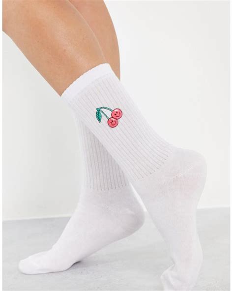 Asos Calf Length Socks With Frill And Cherry Embroidery In White Lyst