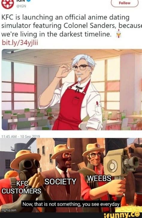 Check spelling or type a new query. KFC is launching an official anime dating simulator featuring Colonel Sanders, {because we're ...