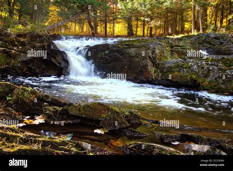 Autumn Waterfall With Fall Foliage On The Falls River In The Small Town