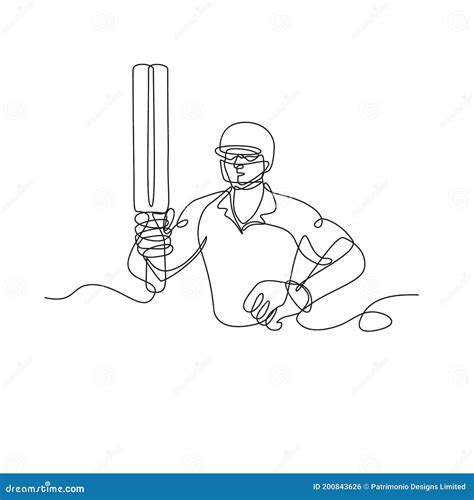 Cricket Batsman Holding Up Bat Front View Continuous Line Drawing Stock