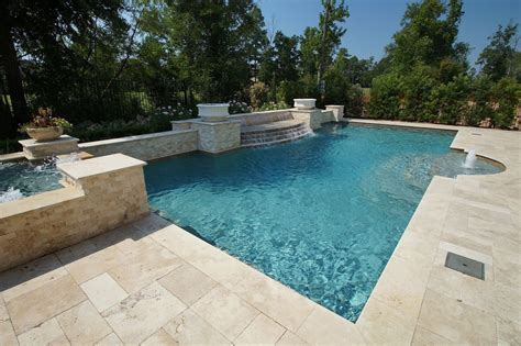 Formal Pool With Travertine Deck And Coping Raised Spa Water Feature